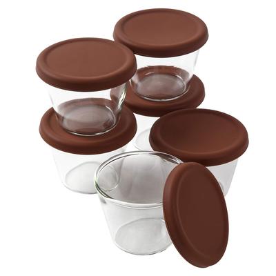 Heat-resistant Glass Pudding Cups, 100ml, with Silicone Lids, Set of 6. Oven and Microwave Safe! (Brown)
