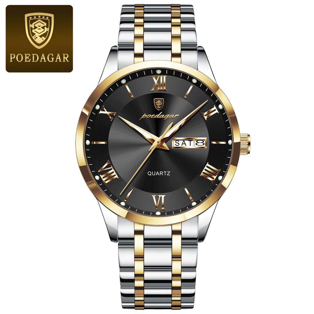 POEDAGAR Luxury Fashion Men Clock Waterproof Luminous Week Date Sports Wristwatch Stainless Steel Quartz Watches Reloj