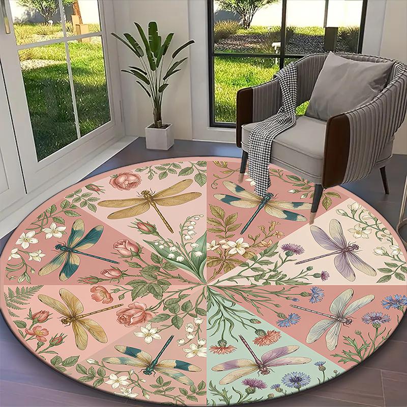 

Delicate Dragonflies Animals Rug Ideal for Reading Room, Multi-purpose Office Chair Sofa Carpet, Anti-slip Printed Home Round Rug Diameter 60cm