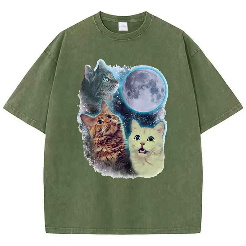 Funny T Shirt Vintage Washed Cotton T-Shirt Cat Moon Star Graphic Tee Casual Streetwear Spring Summer Top