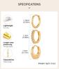 3 Pcs Gold Plated Hoop Set Earrings Zirconia Huggies Chunky Oval Stackable Women Hypoallergenic Helix Multiple Piercings