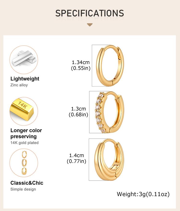 3 Pcs Gold Plated Hoop Set Earrings Zirconia Huggies Chunky Oval Stackable Women Hypoallergenic Helix Multiple Piercings