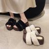 Women's Fashion Slippers Round Toe Platform Sole High Heels One-line Cotton Slippers Outdoor Fashion All-match Fleece Slippers