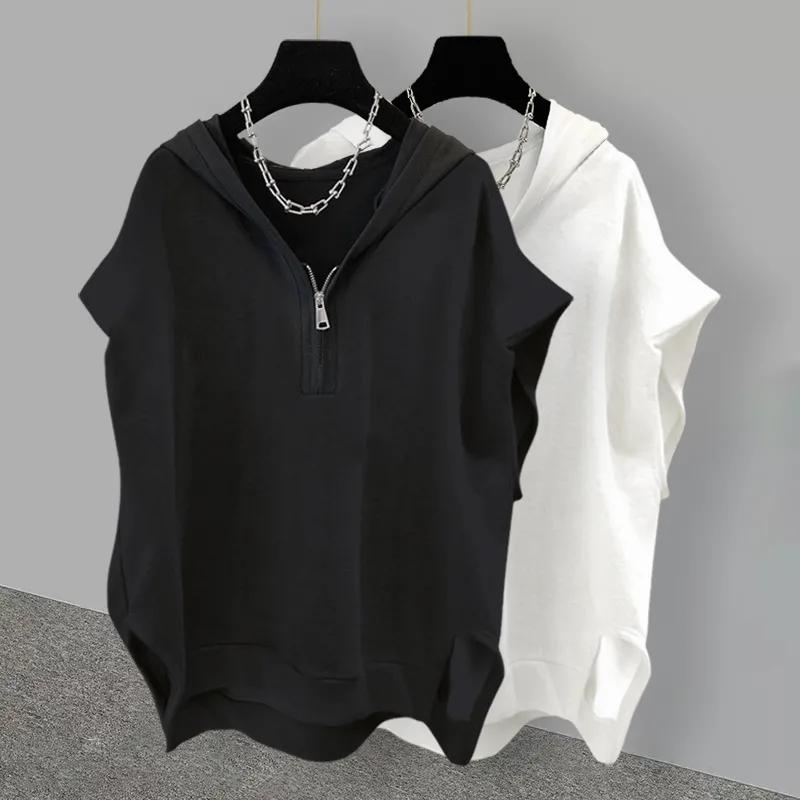 Sommer Herren Casual Einfarbig Reißverschluss Kapuze Ärmelloses T-Shirt