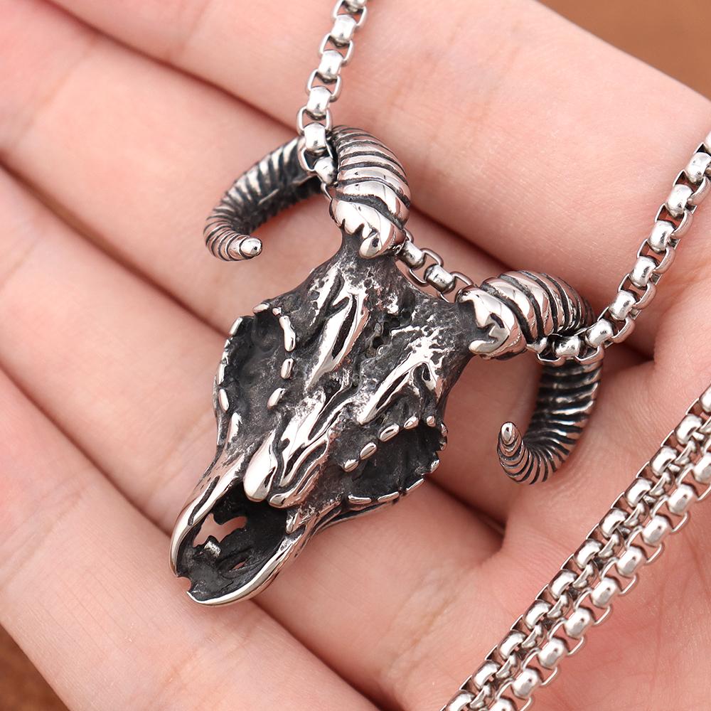Vintage Sheep Head Pendant Necklace for Men Women GIft Stainless Steel Punk Hip Hop Animal Amulet Gothic Pentagram Goat Jewelry