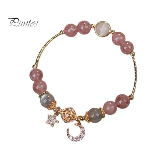 

Женский браслет с гладкими бусинами, полированной звездой и луной, подвеской со стразами, регулируемый, для шопинга, работы, вечеринки, свиданий, запястья, цепочка, женские украшения розовый