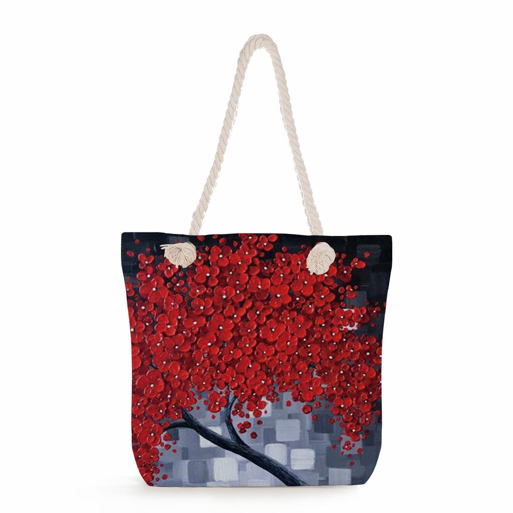 Oil Painting of a Tree Print Thick Rope Single-shoulder Beach Bag 7239