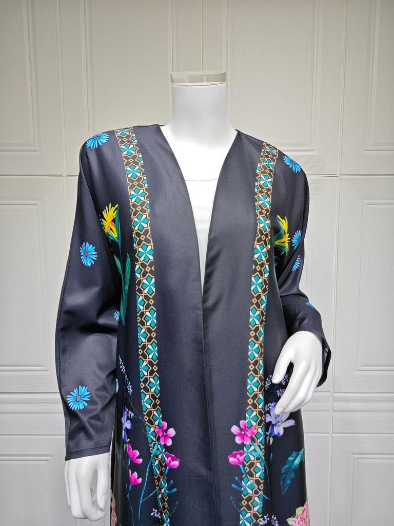 MQ236 Women's Middle Eastern Fashion: Printed Abaya Robe with Hijab & Cardigan, Large Swing Overcoat
