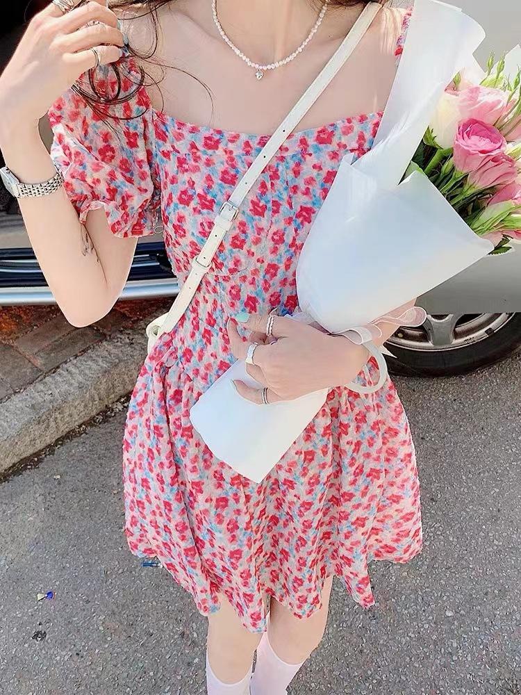 Summer new French bubble sleeve first love dress sweet and thin high waist small Mori square neck floral dress