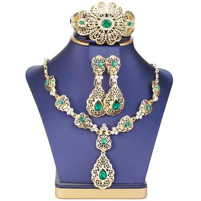 Arabic Bride Jewelry Sets Hollow Flower Women Earring Necklace Bracelet Water Drop Crystal Wedding Necklace