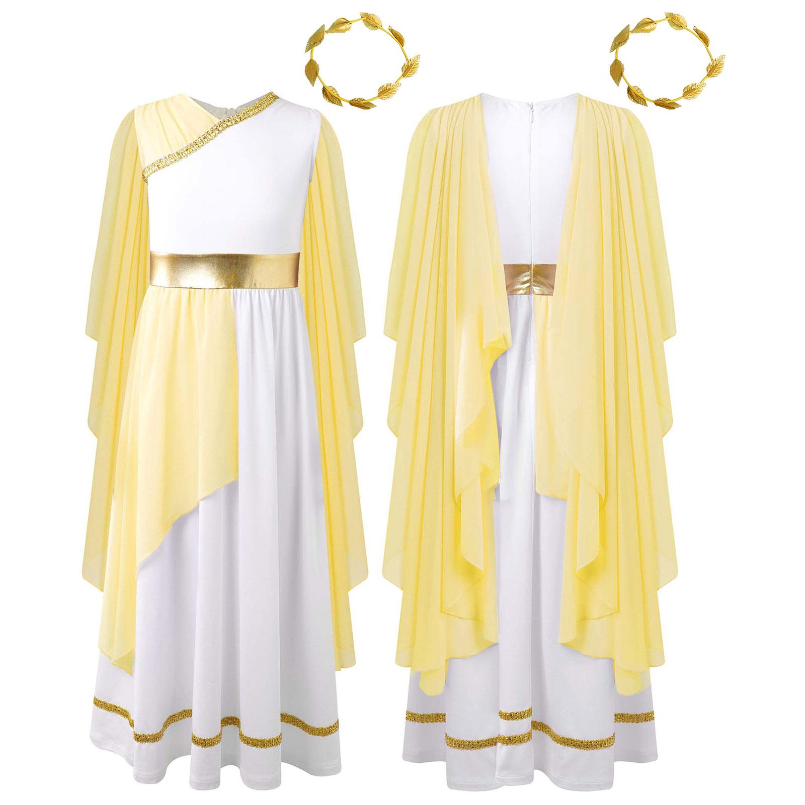 Meisjes Athena Kostuum Griekse Prinses Jurk Oude Griekenland Romeinse Toga met Laurier Hoofddeksel Halloween Carnaval Cosplay Outfits Sets 8 beige