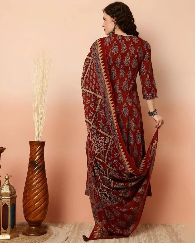 Women Designer Floral Printed Kurta Pant Dupatta Set Indian Bollywood Top Tunic Kurti