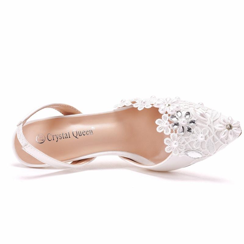 New Fashion Women High Heels Pumps Party Lace Pearl Decoration PU 7CM Thin Heels Back Strap Evening Dress Woman Shoes White