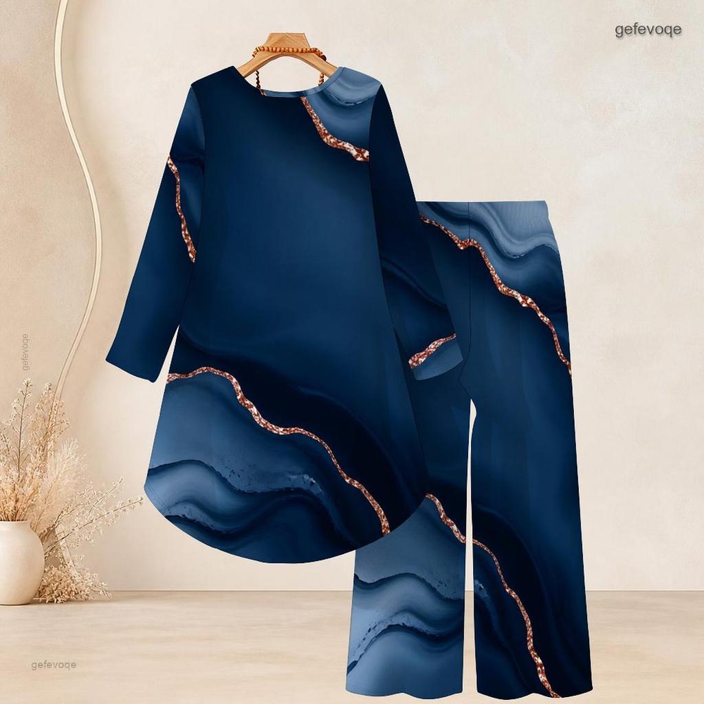 Women Plus Size Round Neck Long Sleeve Green Printed High Low Top Wide Leg Pants Two Piece Set