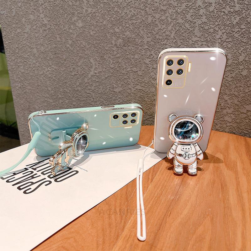 Reno5lite Glitter Astronaut Holder Plating Silicone Case For Oppo Reno 5 6 7 8 Lite 5lite 8t Reno7 A54 A74 4g 5g Lanyard Cover