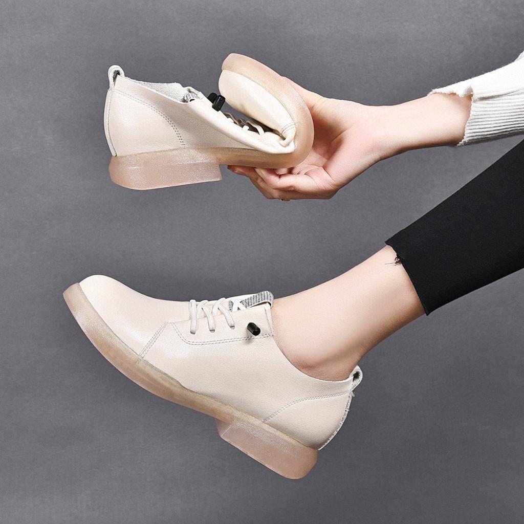 2025 spring and summer new first-layer cowhide flat-soled low-heeled single shoes round head rhinestone soft-soled soft-sided loafers small leather sh