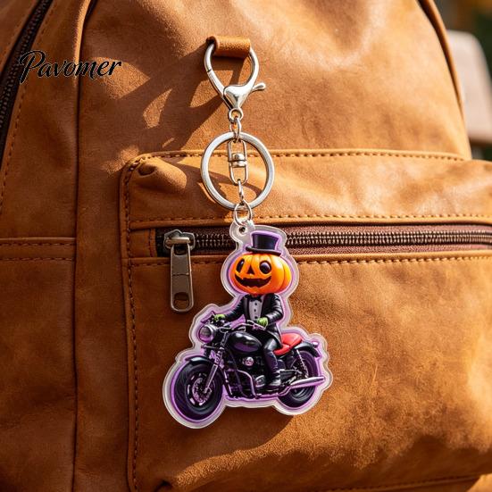 Motorcycle Pumpkin Man Key Ring Halloween Rider Acrylic Keychain, Scary Holiday Keychain Ring, Backpacks Handbags Decorative Party Favors Lightweight