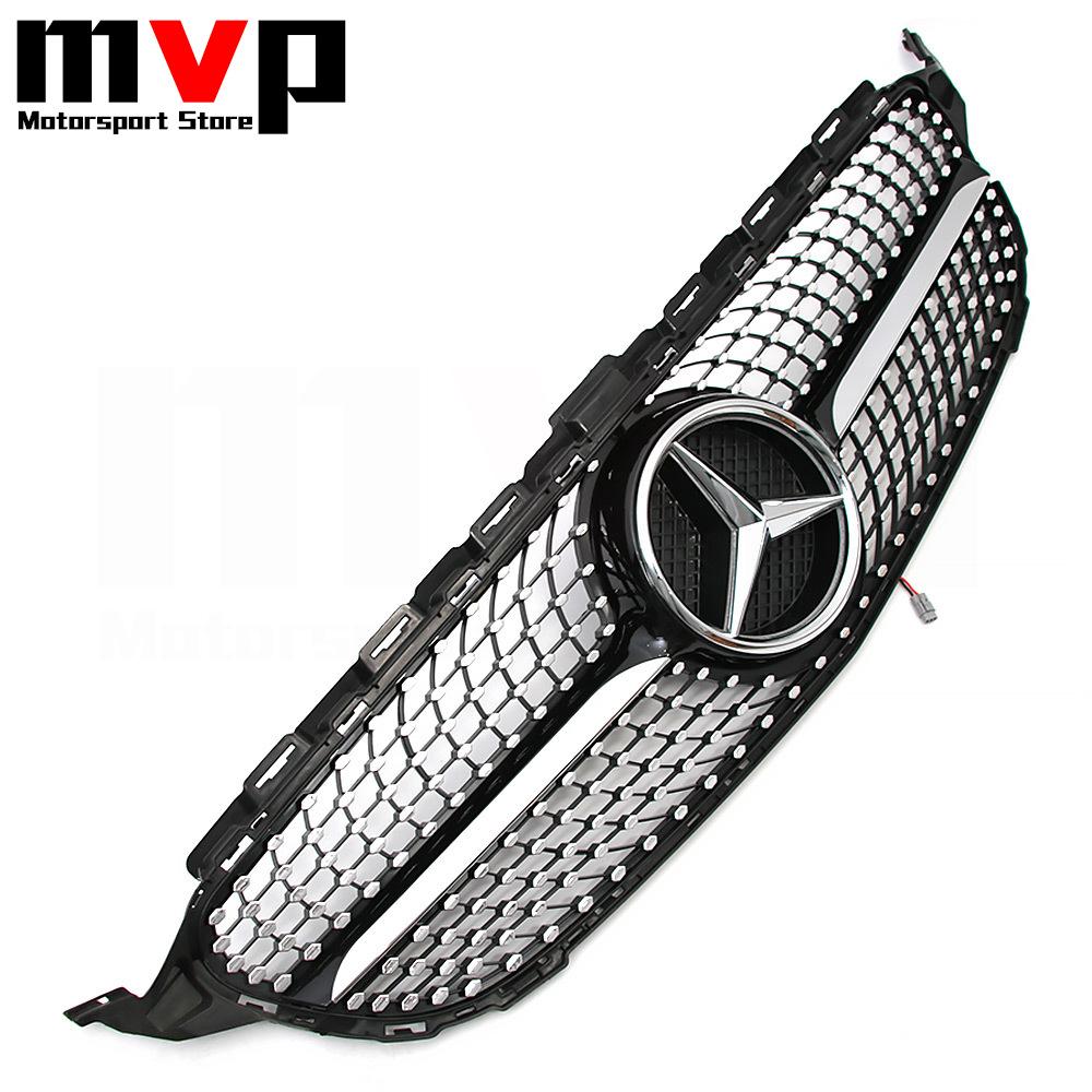 FCM5 Chrome Black Diamonds Style Bumper Grille With Illuminated LED OE Style Star Emblem For Mercedes Benz C-Class W205 2015-18 C350