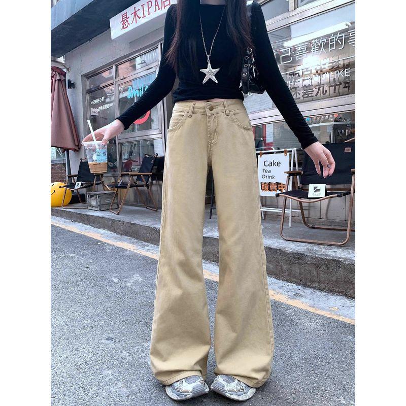 Kumikumi Retro Khaki Mid-Low Waist Bell-Bottom Pants Denim Women's Clothing Autumn Niche Style Chic Slimming Trousers