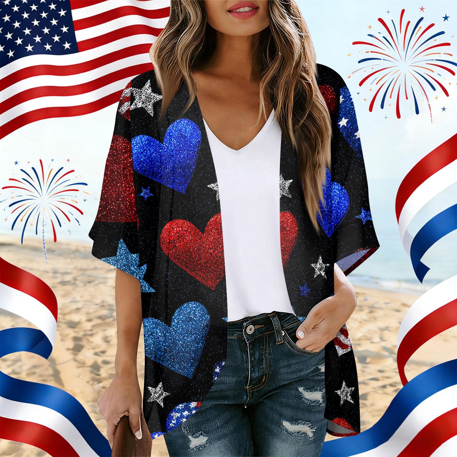 

Женский кардиган с принтом ко Дню Независимости, Свободная туника, Повседневная рубашка L чёрный