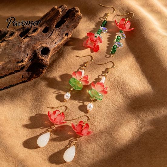 Dangle Pearl Earrings 1 Pair Lotus Flower for Women, Vintage 3D Pink Chinese Style Jewelry Drop Earring, Faux Crystal Floral Hanfu Cosplay Accessories
