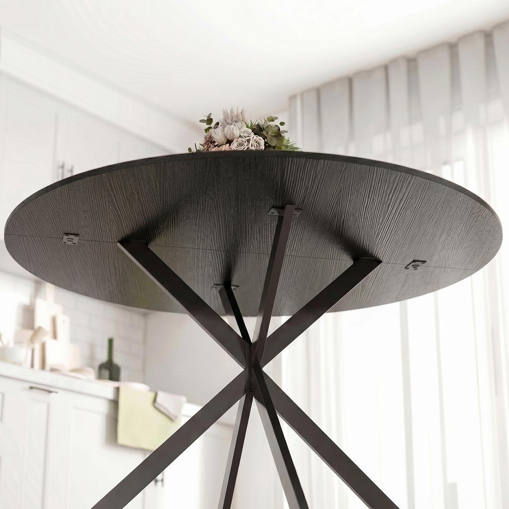 Round Dining Table for 4 People, Industrial-Style Kitchen Table with Steel Legs, for Dining Room, Kitchen, Black