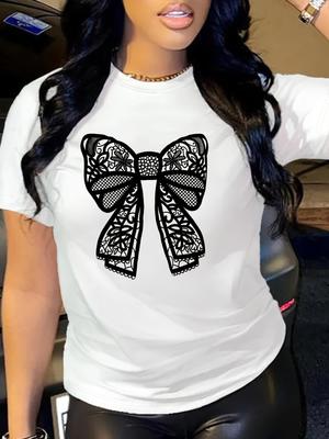 Camiseta de mujer con estampado 3D de lazo de encaje, manga corta, cuello redondo, informal, para verano y primavera.
