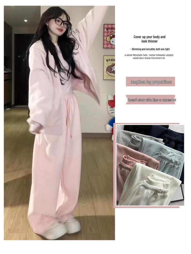 Women's Pink Wide-Leg Knife Pleat Sweatpants - Spring 2026 Korean Style, High Waist, Slimming Petite Fit