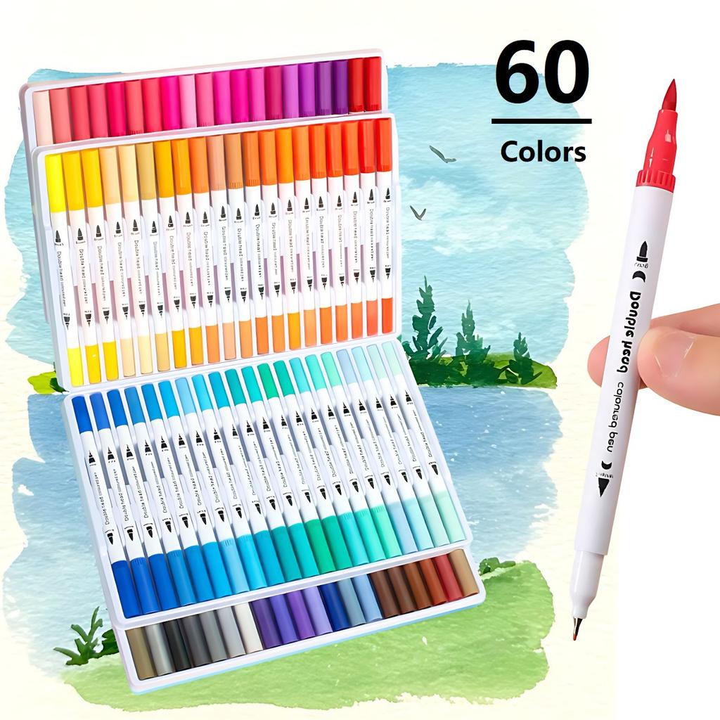 60er-Pack Doppelspitz-Markerstifte – Feine Spitze & Pinselspitze, Wasserbasiert, Lebendige Farben für Kunst, Kalligrafie und Feiertagsdekoration