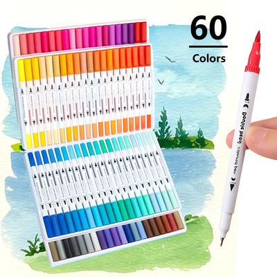 60-Pack Double-Headed Marker Pens – Fine & Brush Tip, Water-Based, Vibrant Colors for Art, Calligraphy, and Holiday Decoration