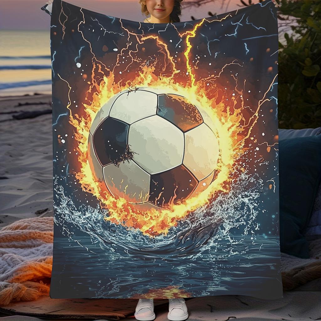 1pc Soccer-Themed Flannel Blanket – Soft & Cozy with Dramatic Fire and Water Design, Perfect for Home Decor, Outdoor Adventures,