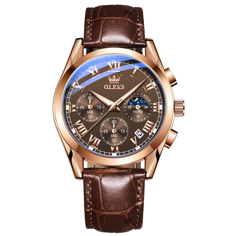 Oulishi Men's Waterproof Luminous Chronograph Quartz Watch with Three-Eye, Six-Hand Design.
