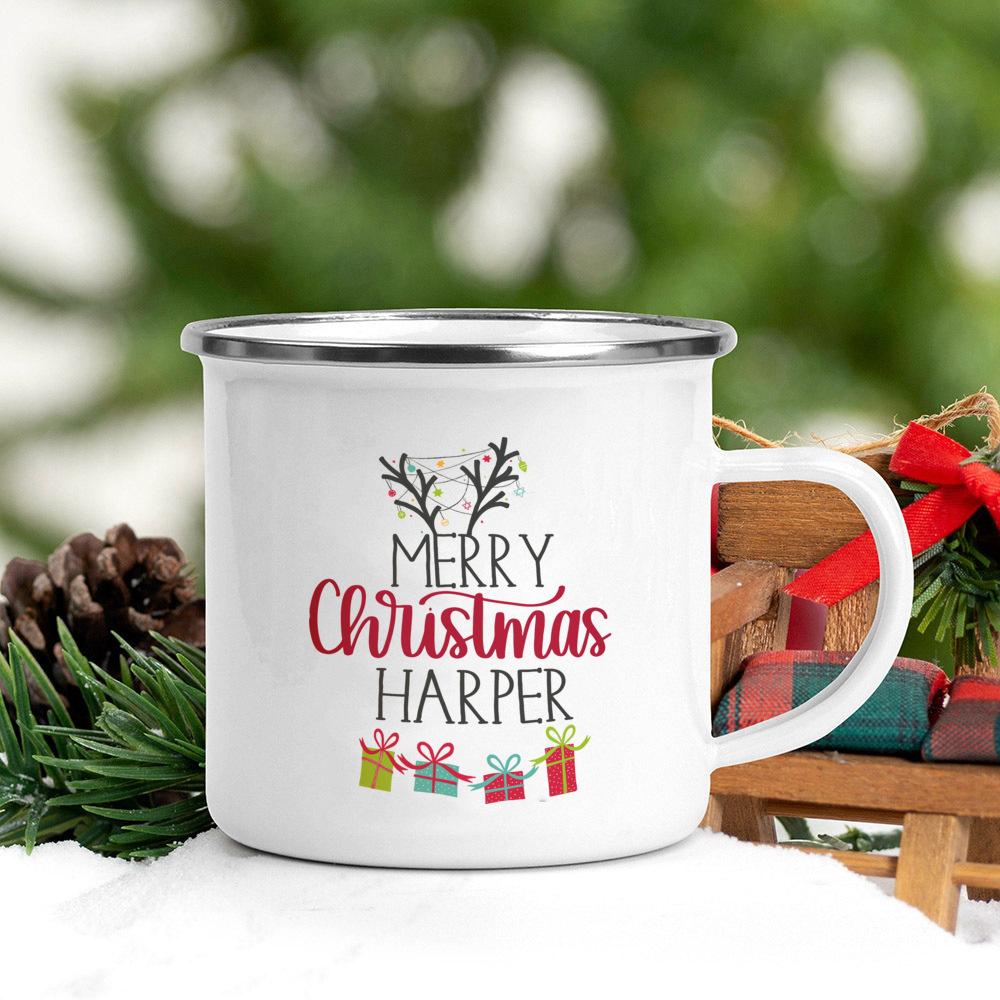 Christmas Printed Coffee Mugs With Handle Breakfast Milk Cups Enamel Drinking Cup Party Home Decorations Gifts for Friend Family