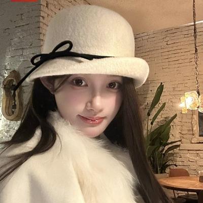 Elegant Woolen Bucket Hat Bowknot Wool Fisherman Hat Retro Hepburn Style Topper Hat Outdoor