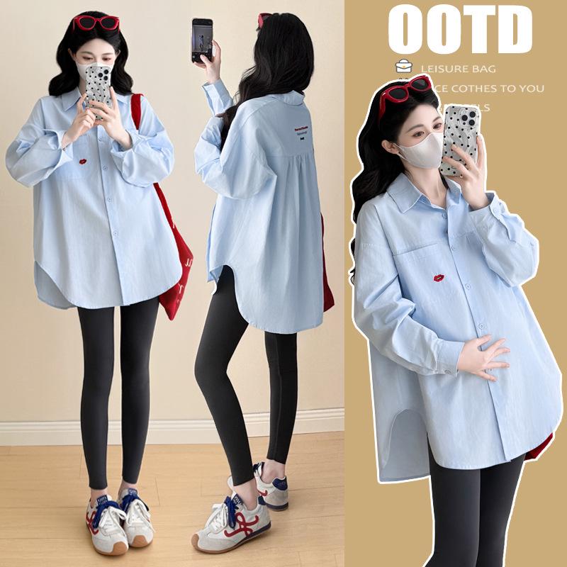 2025 Spring/Autumn Korean Style Cotton Casual Maternity Shirt - Trendy Plus Size Mid-Length for Moms