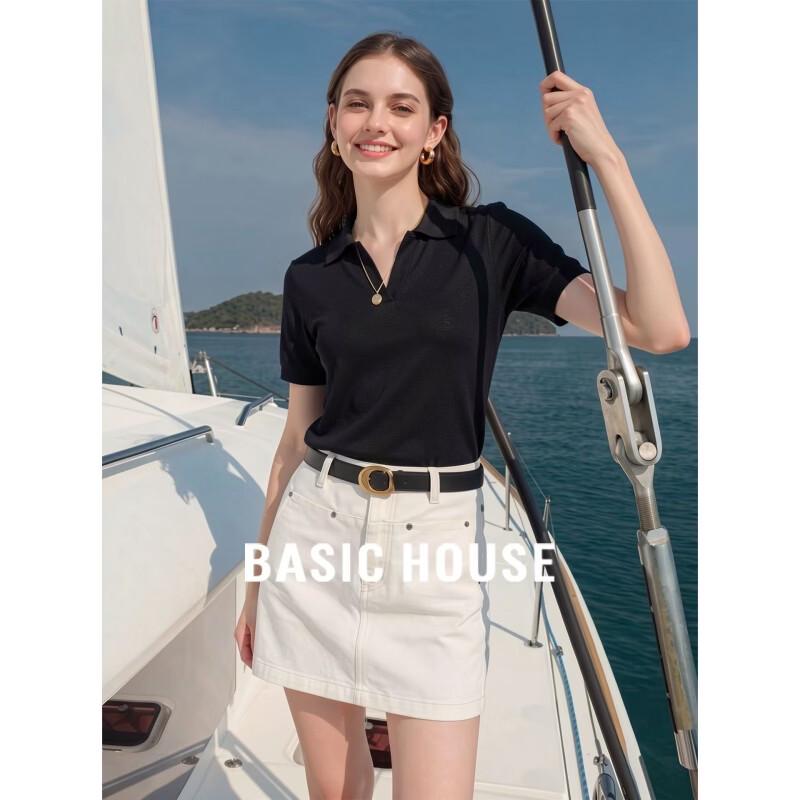 Basic House Women s Black Lapel Tencel Short Sleeve Knit Top XL