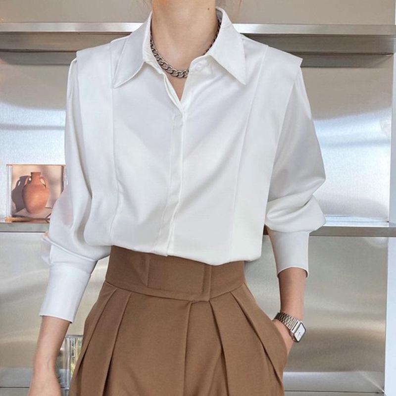 Chic Spring French Satin Long Sleeve White Shirt - Wrinkle-Resistant Women's High-End Design