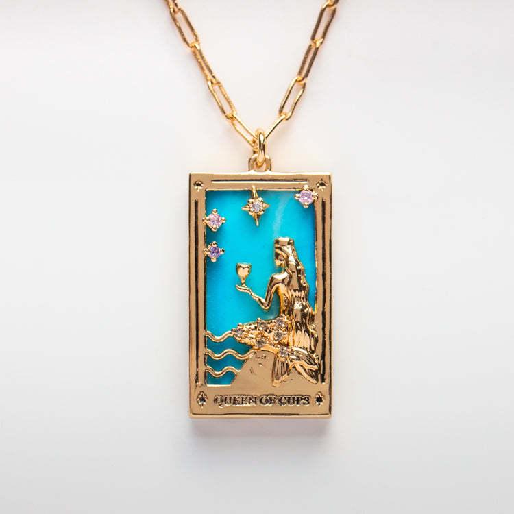 Copper Inlaid Cubic Zirconia Tarot Card Necklace with Gold-Plated Queen Pendant