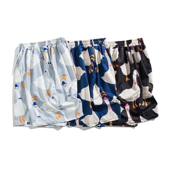 Men Beach Shorts Elastic Waist Adjustable Drawstring Cartoon Goose Print Beach Shorts Quick Drying Leisure Shorts
