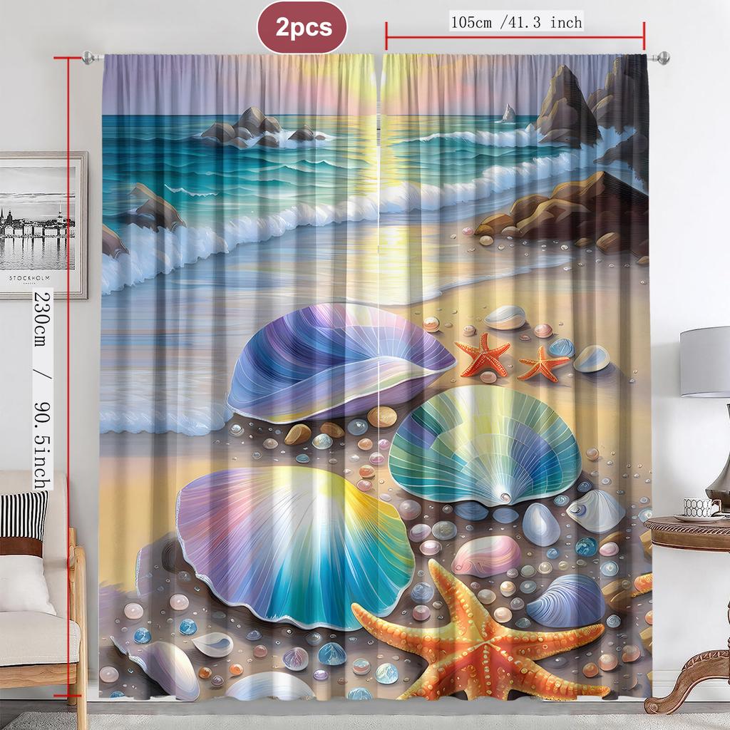 2PC Home Decoration Curtains With Colorful Seashells And Rod Pockets, Kitchen, Coffee Shop,Living Room, Balcony, Garden