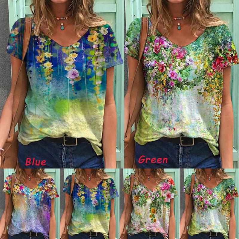 Comfortable Womens V Neck Short Sleeve Blouse Casual Floral Print T-shirt Tunic Tops