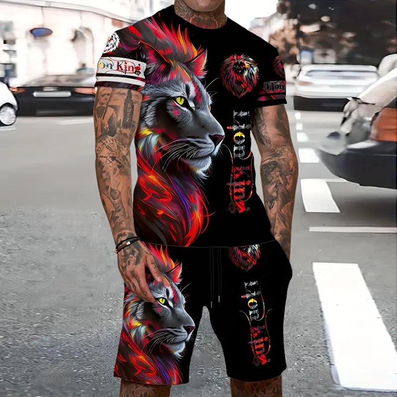 Fashion Men's Sportswear Suit Printed Tiger Pattern Oversized Men's Top Y2K Style Breathable Fresh Short Sleeve Shorts Suit