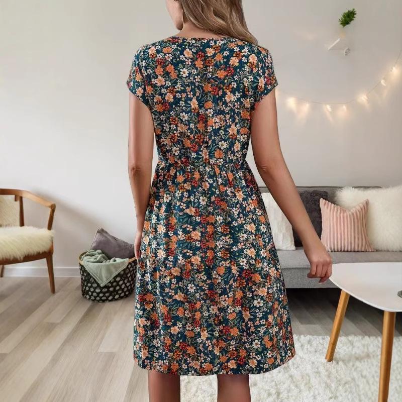 2024 Dámské elegantní šaty s V-výstřihem, krátkým rukávem a potiskem, s elastickým pasem