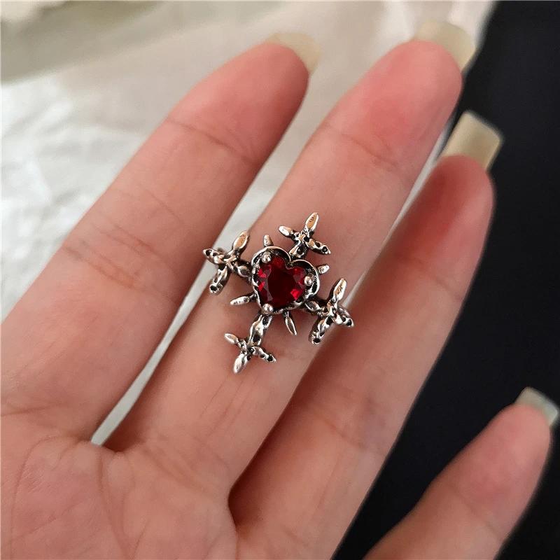 Goth Punk Retro Red Crystal Love Heart Cross Geometry Irregular Open Ring Set Y2K Halloween Accessories For Women  Jewelry