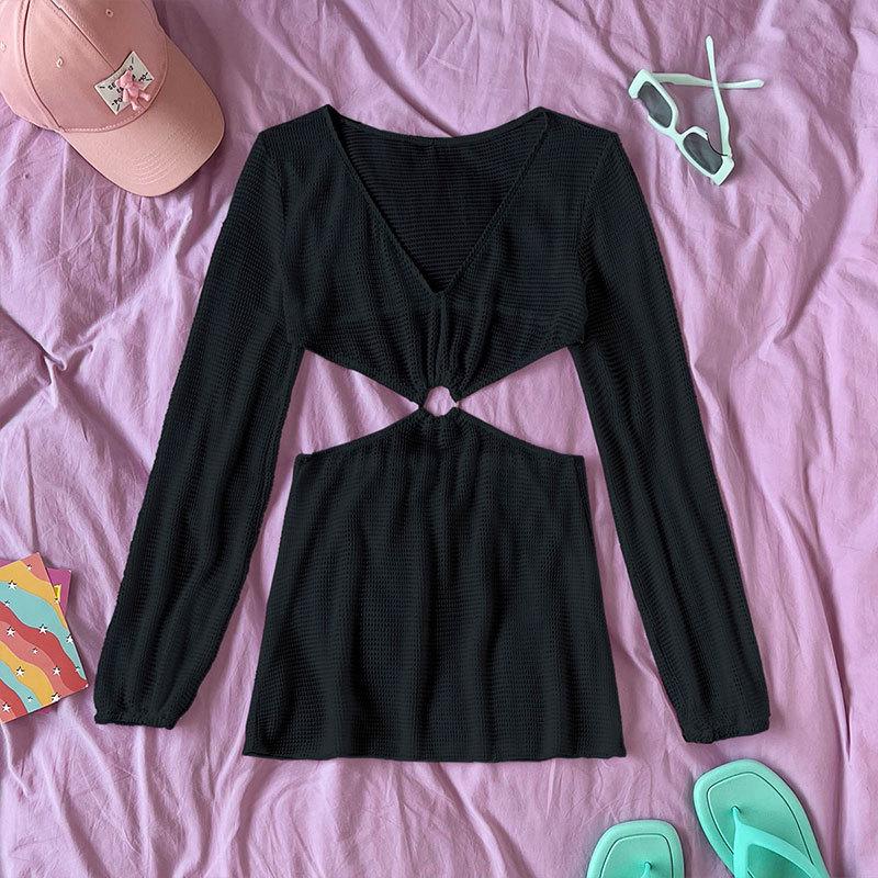 

Сетчатая накидка для купальника с длинным рукавом Cross-Border 2025: Сексуальный пляжный слитный купальник с круглым вырезом Small чёрный