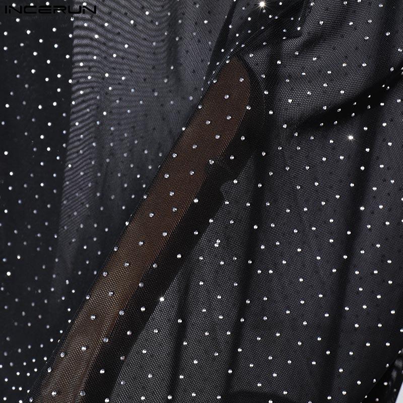 INCERUN Herren Rundhals Langarm Hotfix Strass Mesh Transparent Figurbetont Party T-Shirts