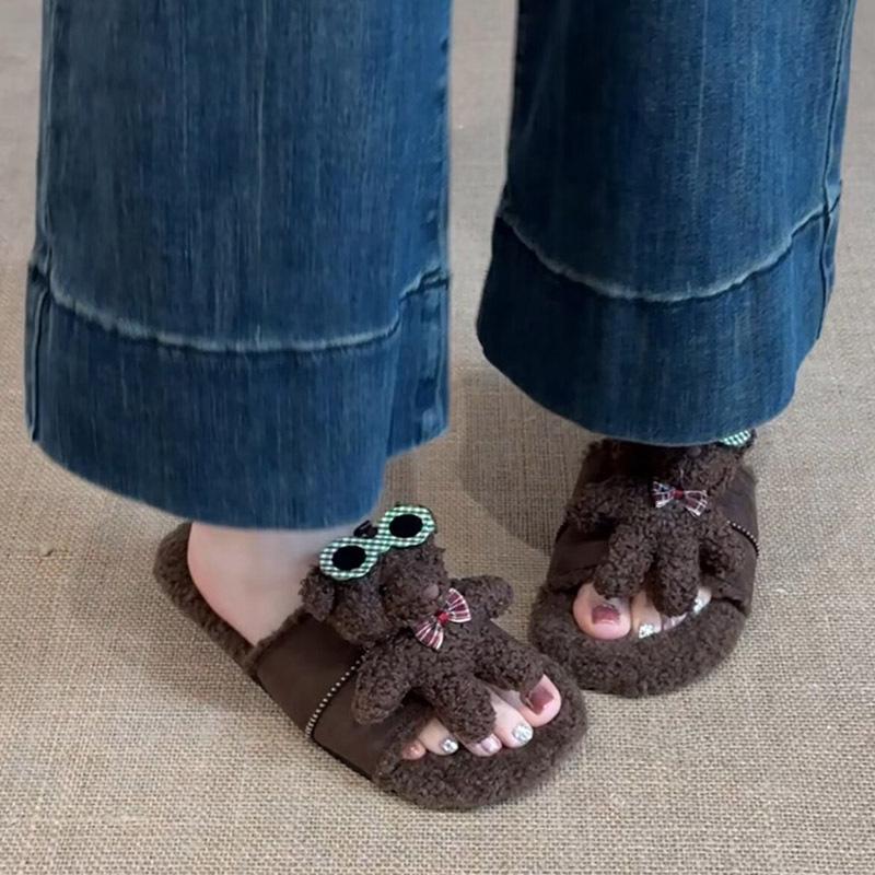 Bear casual fluffy shoes women's 2025 autumn and winter fashion three-dimensional cute cartoon outer wear versatile one-word cotton slippers