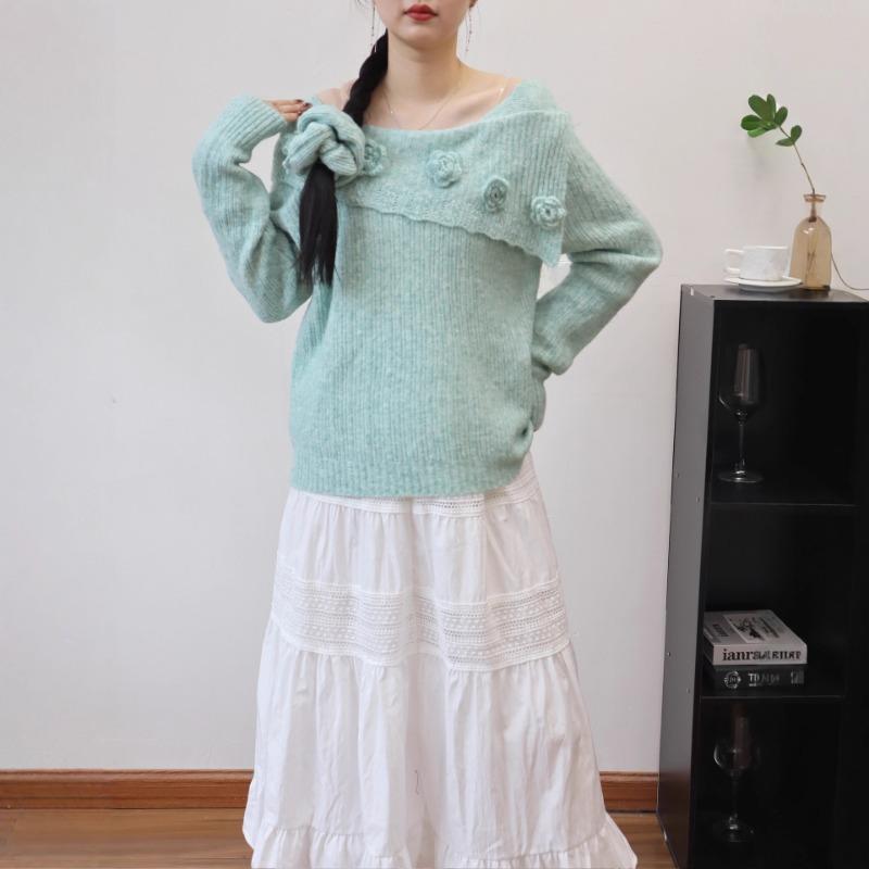 Autumn and winter new three-dimensional flower shoulder knitted sweater top temperament soft waxy sweater pullover woman