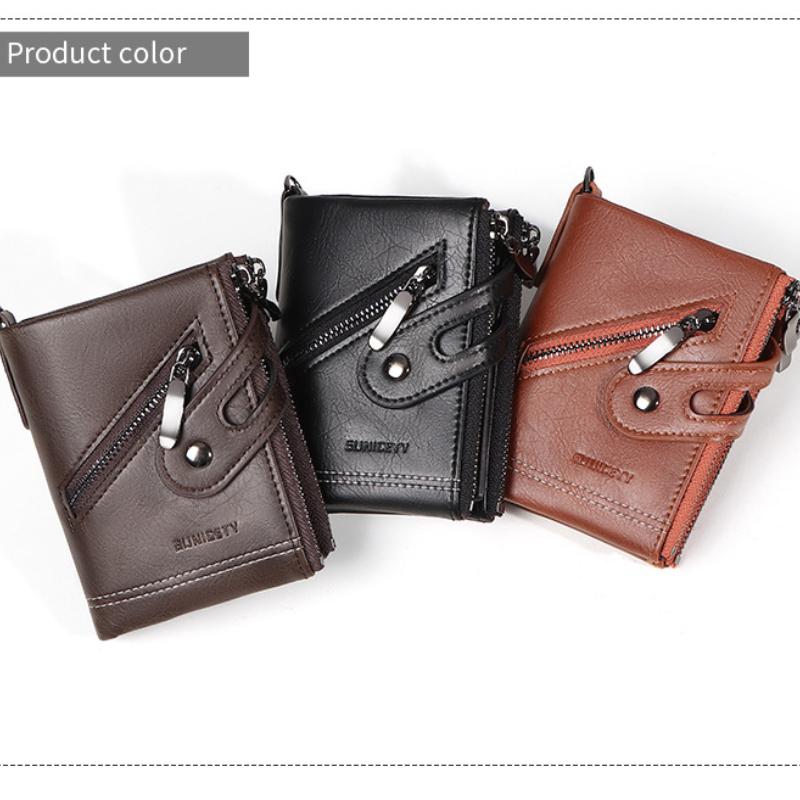 RFID Anti-theft Refreshing Men's Leather Wallet Wallet Retro Double Zipper Change Clip Short Wallet