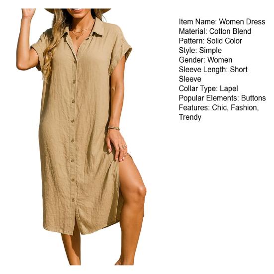 Women Cotton Shirt Dress Summer Short Sleeve Button Down Midi Dress Side Slit Casual Beach Vacation Sundress